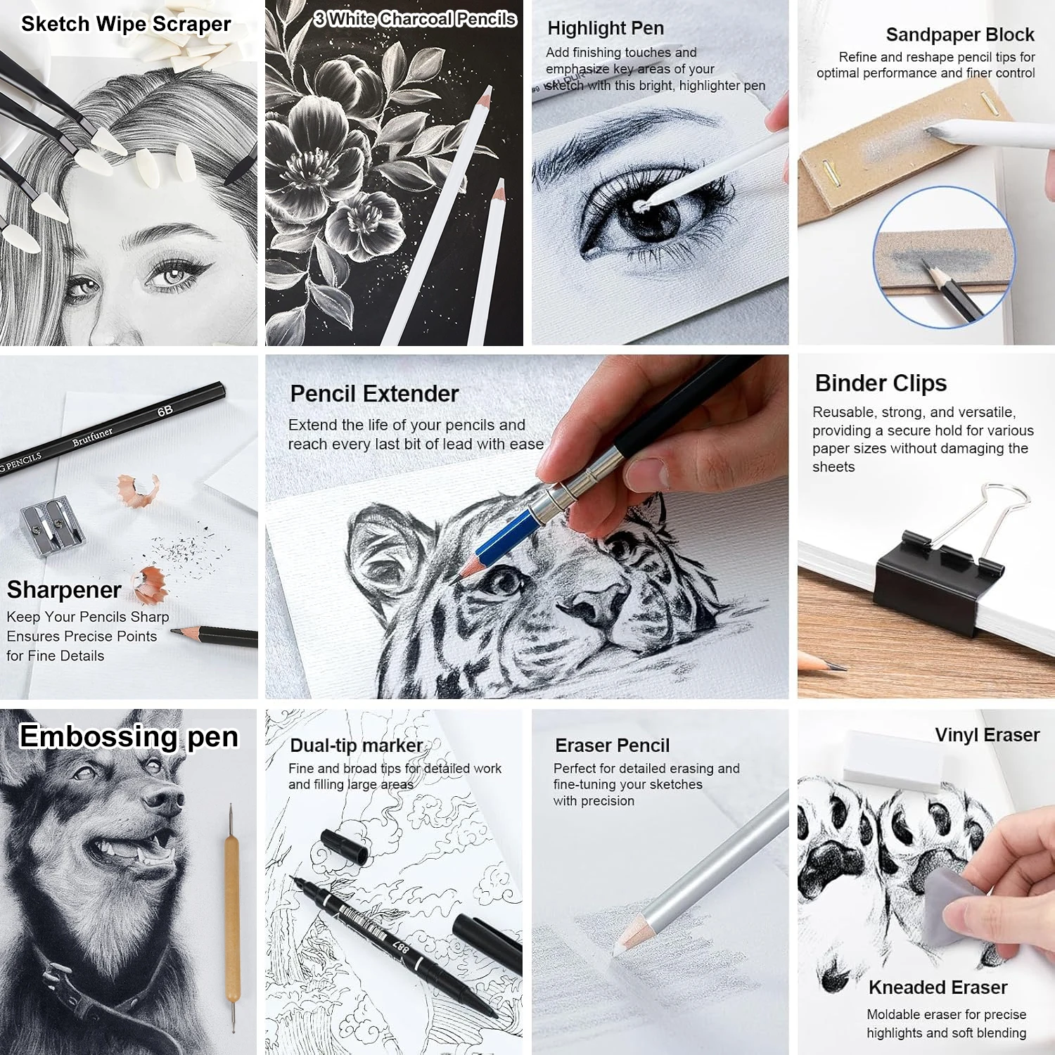 14/26/64/126 PCS Drawing Kit Sketching Pencil Set,Art Supplies with 3-Color Sketchbook,Graphite,Charcoal,Blending Tools thumbnail 6