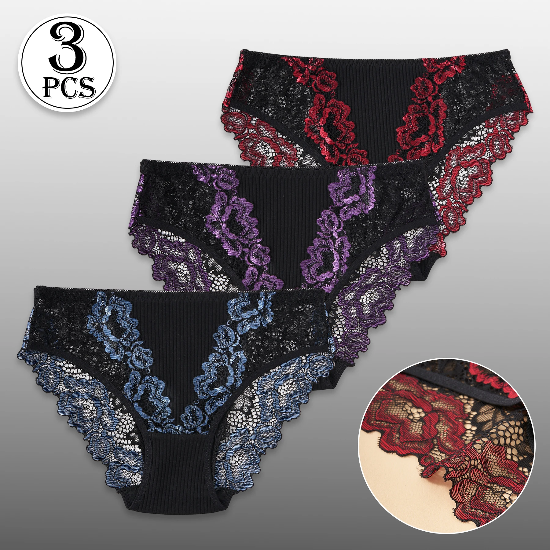 3PCS Women Contrast Lace Striped Cotton Briefs Sexy Semi-Sheer Lace Floral Panties Female Soft Comfortable Lingerie S-XXL Hot