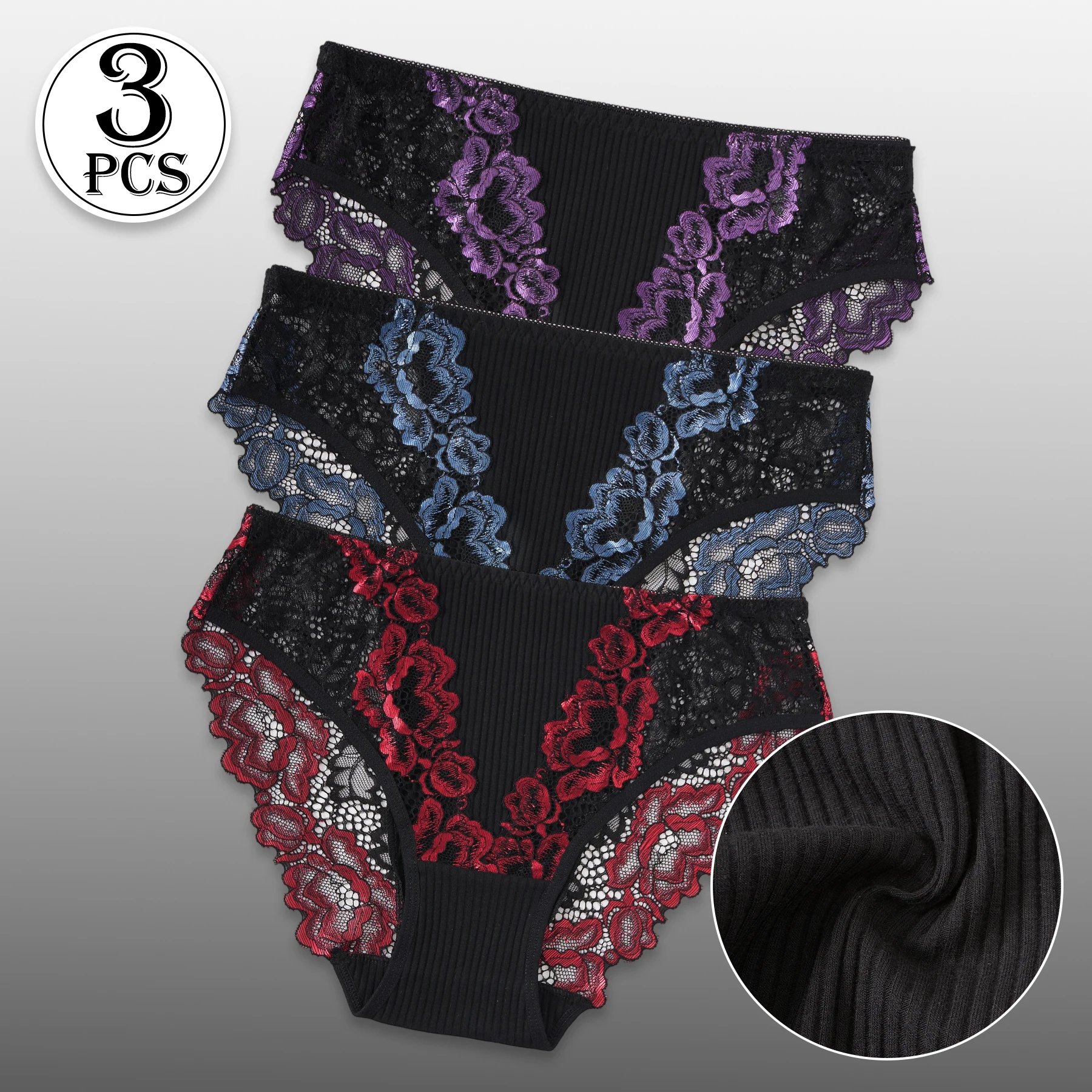 3PCS Women Contrast Lace Striped Cotton Briefs Sexy Semi-Sheer Lace Floral Panties Female Soft Comfortable Lingerie S-XXL Hot thumbnail 2