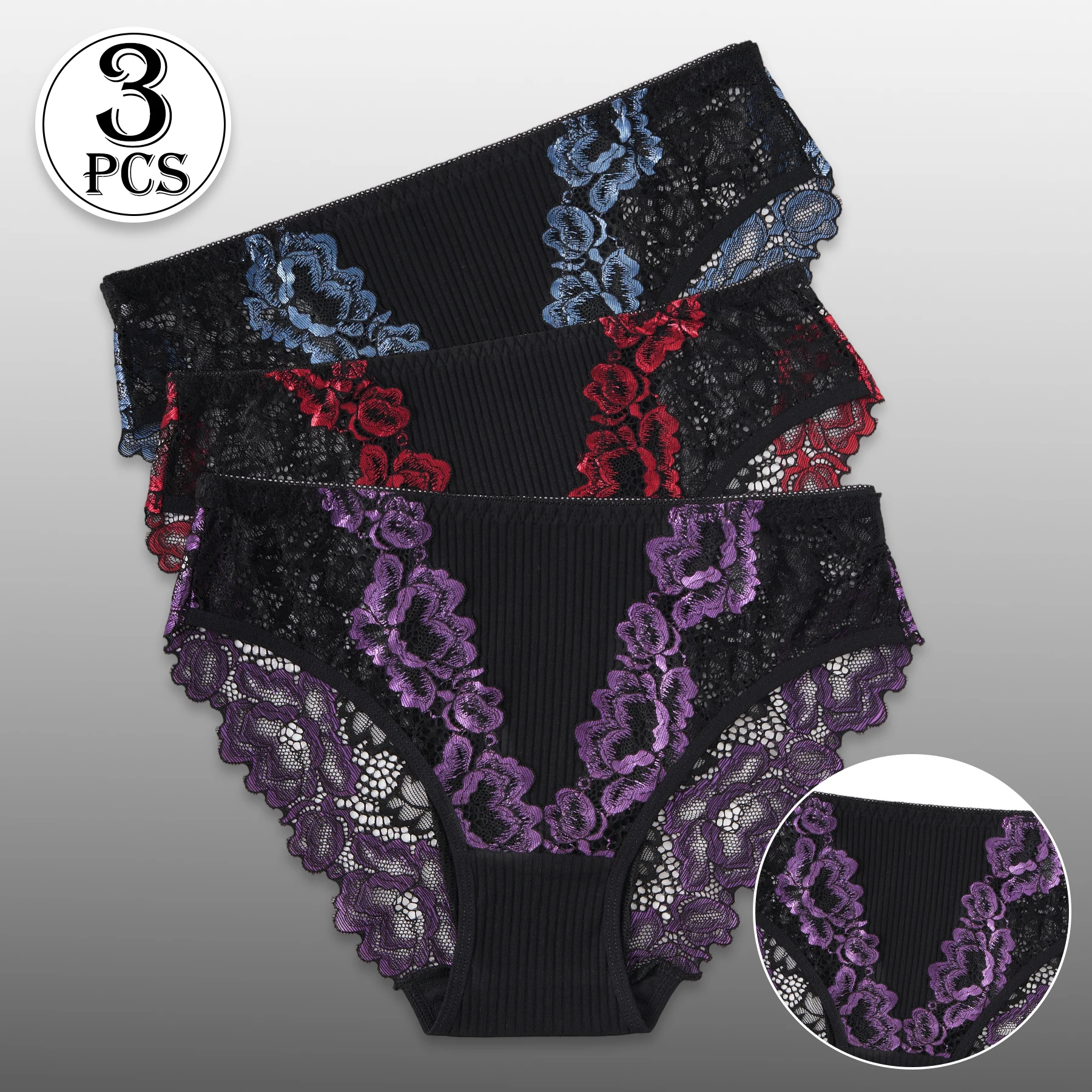 3PCS Women Contrast Lace Striped Cotton Briefs Sexy Semi-Sheer Lace Floral Panties Female Soft Comfortable Lingerie S-XXL Hot thumbnail 3