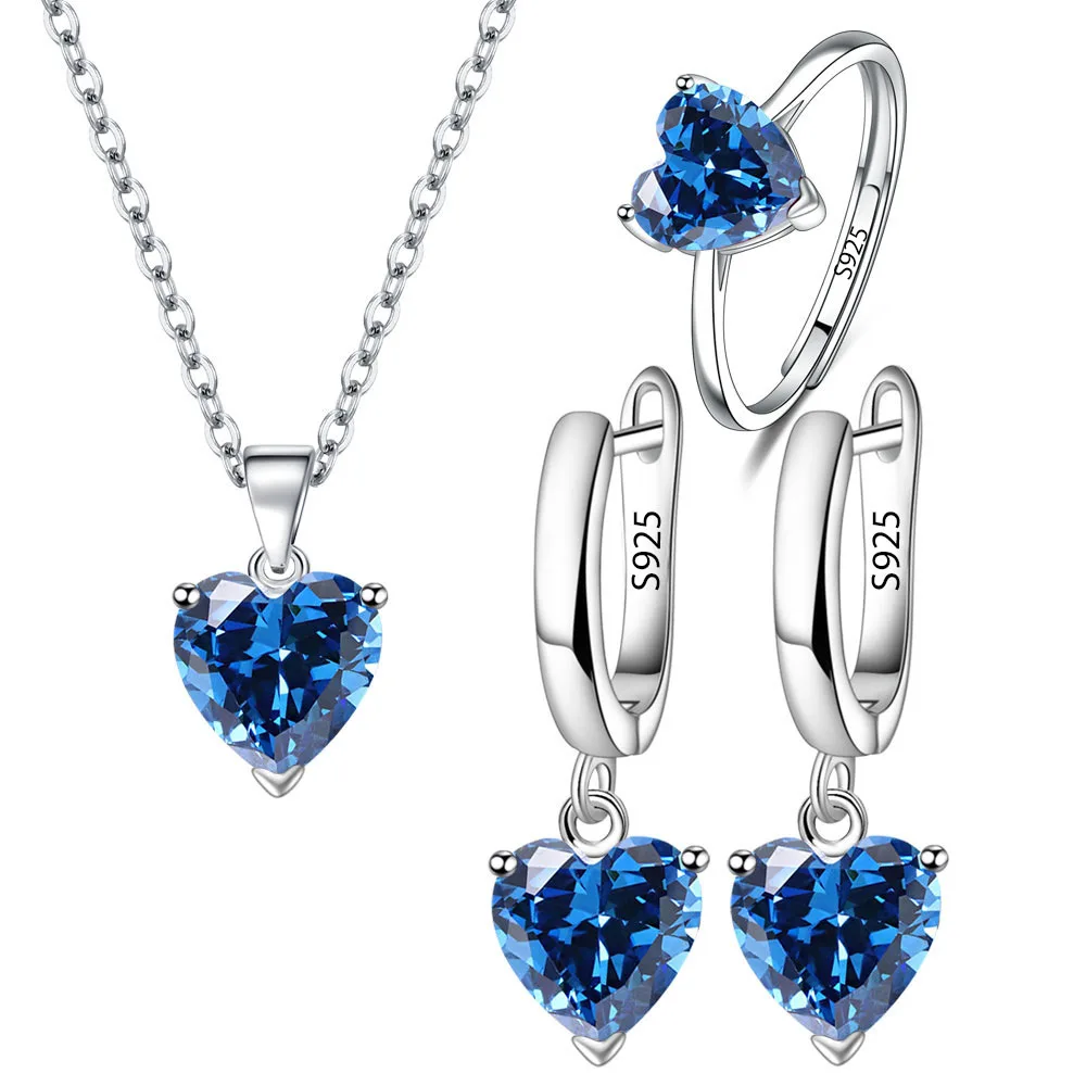 925 Sterling Silver Jewelry Sets For Women Heart Zircon Ring Earrings Necklace Wedding Bridal Elegant Christmas thumbnail 5