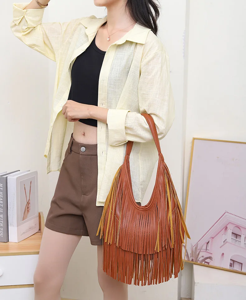 Long Tassels Women handbag Fashion Shoulder Bags for ladies hand bag Soft PU leather casual hobos armpit bag female Tote thumbnail 5