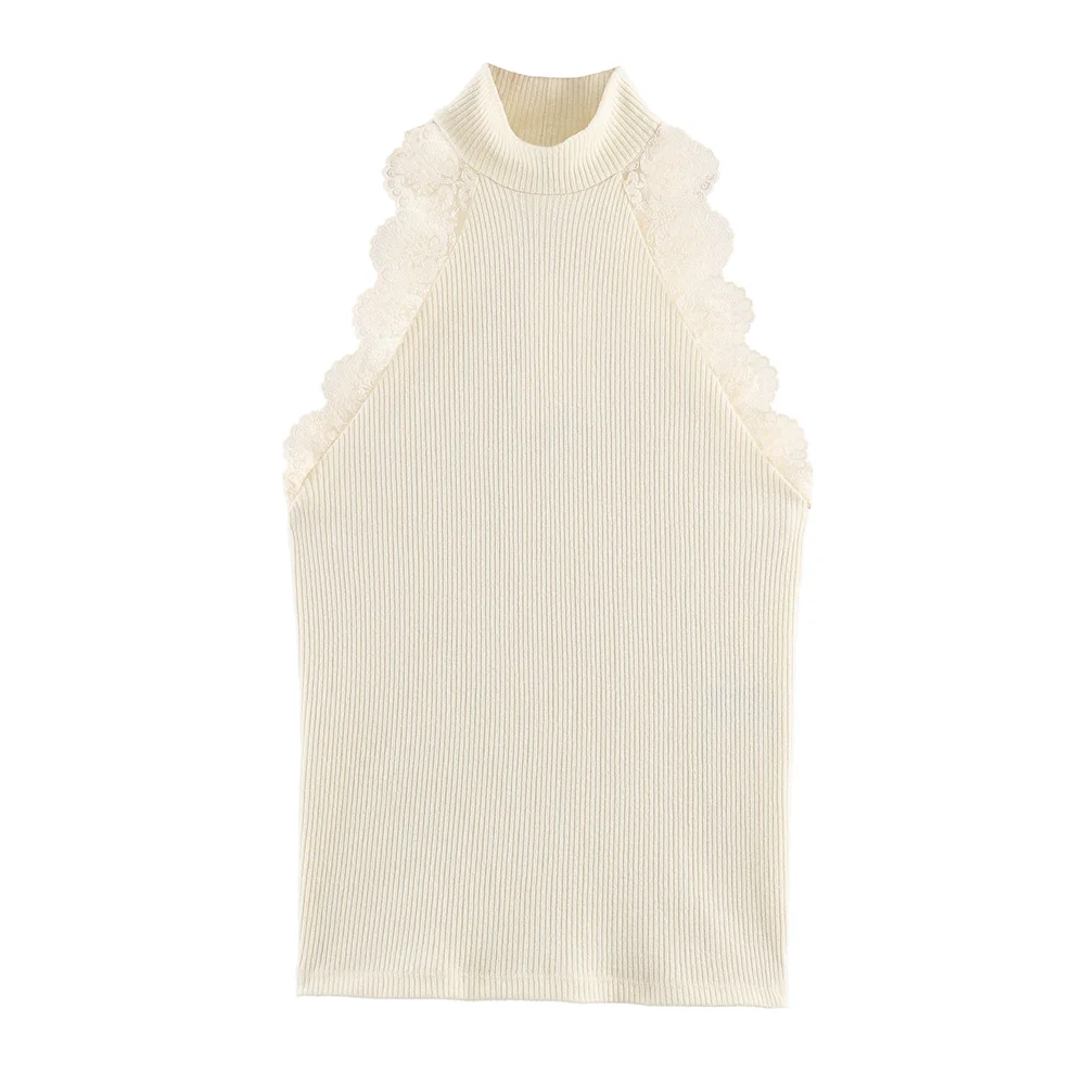 2026 New Women's Fashion European and American Style Sleeveless Half High Collar Lace Ribbed T-shirt