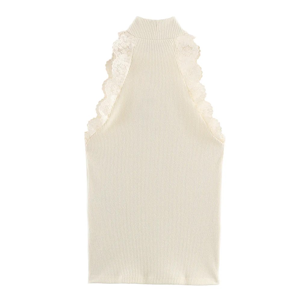2026 New Women's Fashion European and American Style Sleeveless Half High Collar Lace Ribbed T-shirt thumbnail 2