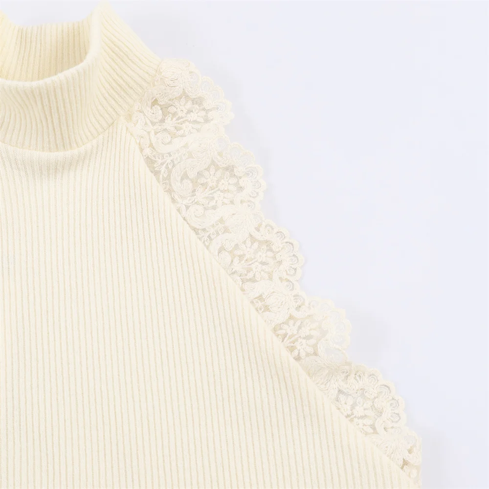 2026 New Women's Fashion European and American Style Sleeveless Half High Collar Lace Ribbed T-shirt thumbnail 4