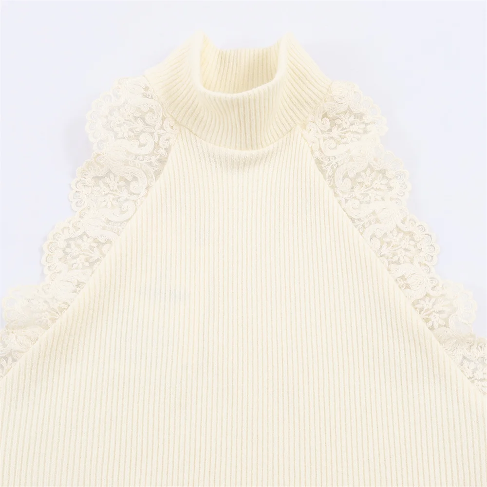 2026 New Women's Fashion European and American Style Sleeveless Half High Collar Lace Ribbed T-shirt thumbnail 3