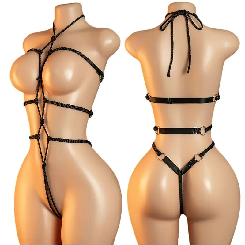 Crotchless Teddy Sexy Underwear Women Hollow Lingerie Transparent SM Bondage Rope Erotic Bodysuits Adult Fishnet Bodystockings thumbnail 3