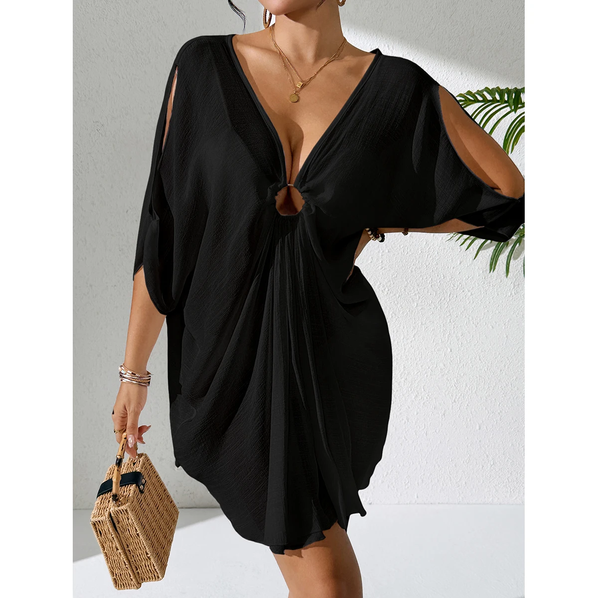 Pure Color V-Neck Lightweight Transparent Loose Dress, Beach Style Casual Comfort Sun Protection Cover Up, Fashion Beachwear thumbnail 5