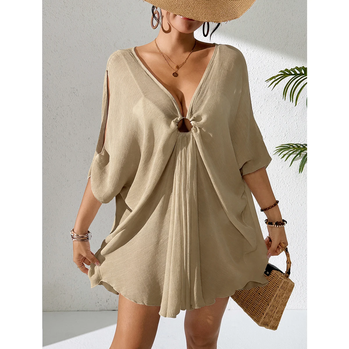 Pure Color V-Neck Lightweight Transparent Loose Dress, Beach Style Casual Comfort Sun Protection Cover Up, Fashion Beachwear thumbnail 4