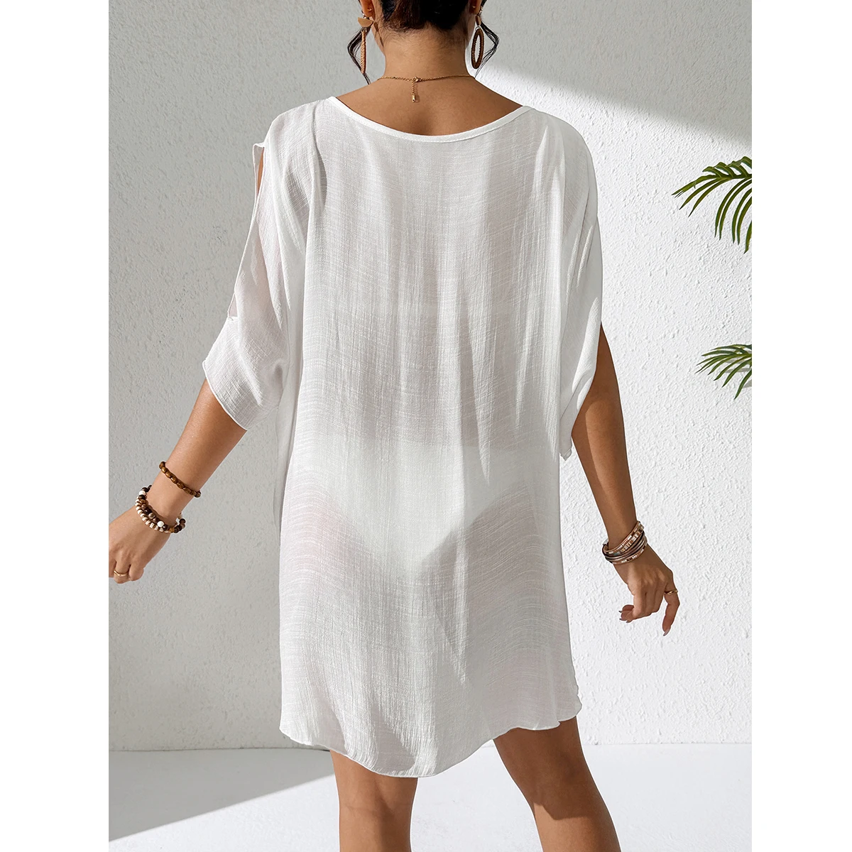 Pure Color V-Neck Lightweight Transparent Loose Dress, Beach Style Casual Comfort Sun Protection Cover Up, Fashion Beachwear thumbnail 2