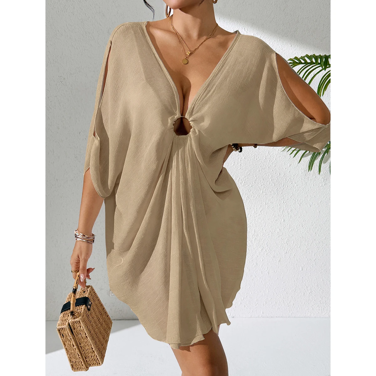 Pure Color V-Neck Lightweight Transparent Loose Dress, Beach Style Casual Comfort Sun Protection Cover Up, Fashion Beachwear thumbnail 6