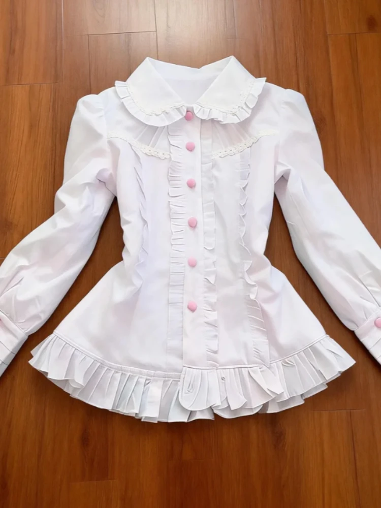 Women Design Kawaii Slim Solid Lolita Shirt Spring Sweet Long Sleeve Doll Collar T-Shirts Female Fashion Pretty Thin Clothes thumbnail 2