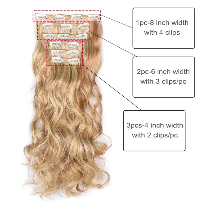 Synthetic Water Wave Clip in Hair Extensions 24 Inch Long 16 Clips Full Head Wig for Women Daily Fashion Cosplay Party Styling thumbnail 5