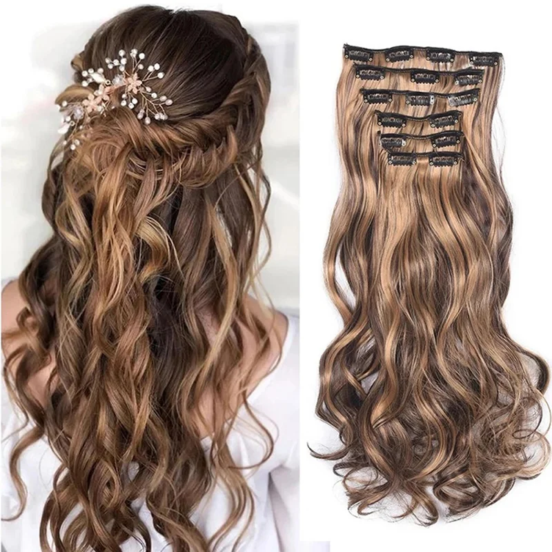 Synthetic Water Wave Clip in Hair Extensions 24 Inch Long 16 Clips Full Head Wig for Women Daily Fashion Cosplay Party Styling
