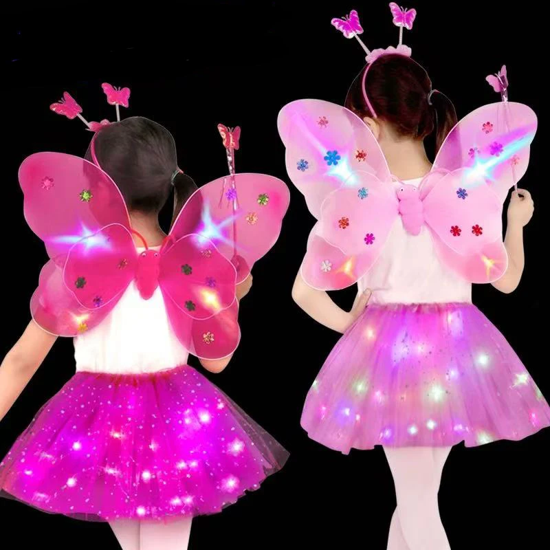 1set LED Children Fairy Costume Girls Skirt Flashing Butterfly Skirt Suit Angel Luminous Wings Butterfly Wings Fancy Dress