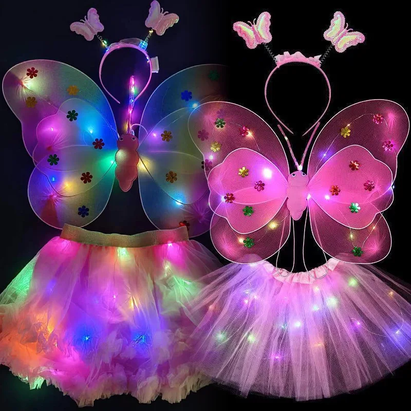 1set LED Children Fairy Costume Girls Skirt Flashing Butterfly Skirt Suit Angel Luminous Wings Butterfly Wings Fancy Dress thumbnail 4