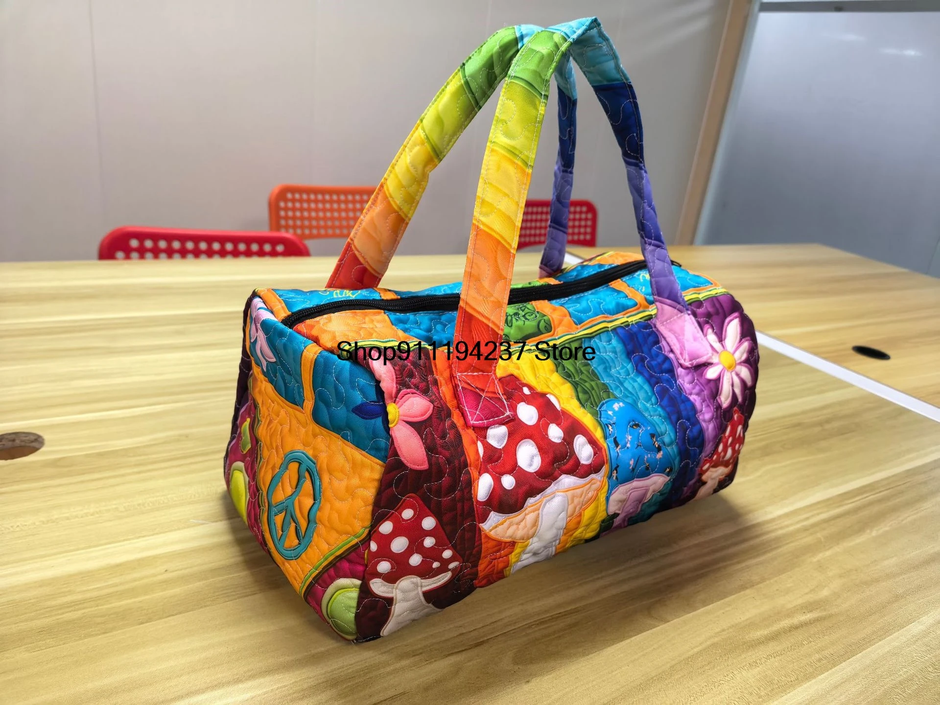 Hippie Van Quilted Duffle Bag, Hippie Journey Quilted Duffle Bag, Vintage Floral Travel Weekender Bag Gym Bags thumbnail 4