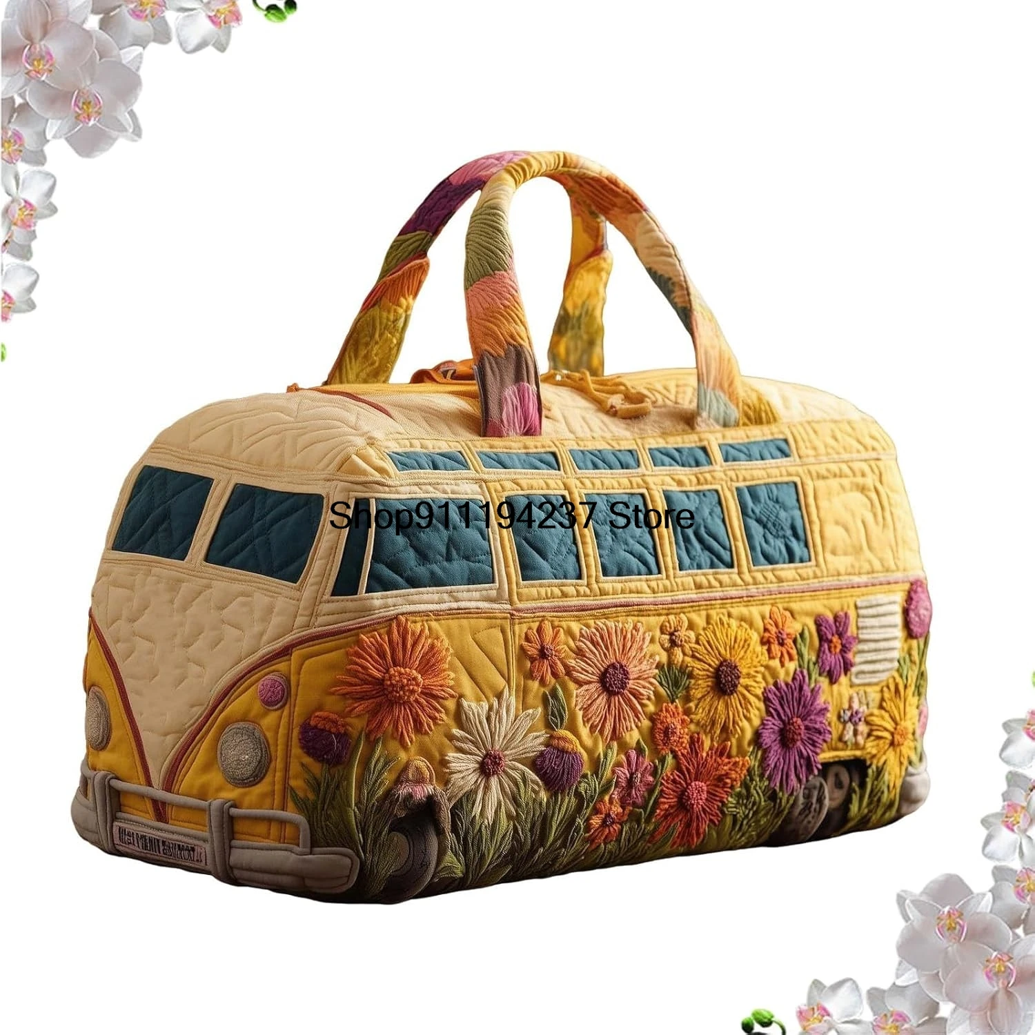 Hippie Van Quilted Duffle Bag, Hippie Journey Quilted Duffle Bag, Vintage Floral Travel Weekender Bag Gym Bags thumbnail 2