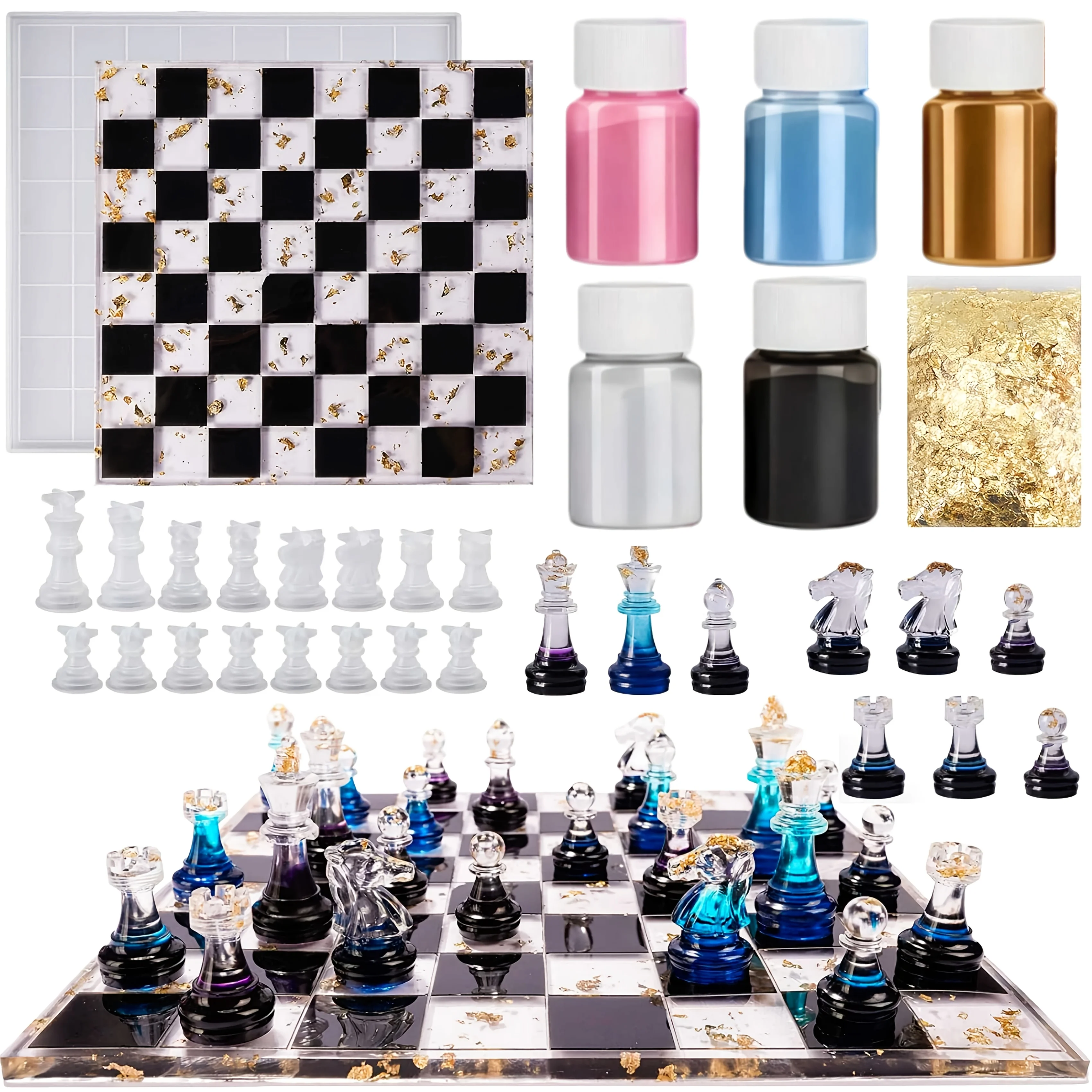 23-Piece Chess Set (Chess Silicone Mold + 5-Color Paint + Gold Foil Filler) - DIY Kit for Making Game Boards, Includes Full-Sized 3D Parts and Resin Casting Molds, Creative Gifts, Furniture Display, DIY Beginner Set, Easy to Use