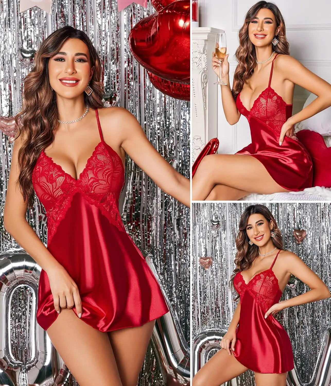 Women Sexy Satin Lace Nightdress Babydoll Lingerie V-Neck Sleeveless Sleepwear Pajama Dress thumbnail 2