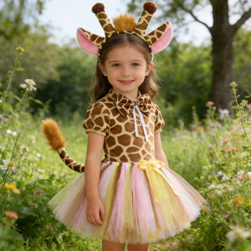Baby Girls Jungle Animal Christmas Dress Up Costumes for Kids Halloween Birthday Outfits Children Brown Pink Giraffe Tutu Skirt