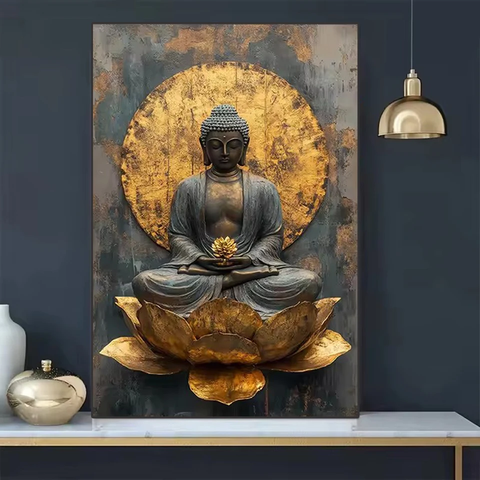 5D New Diamond Painting Full Diamond Mosaic Buddha on Golden Lotus Artwork Diamond Embroidery Kit Rhinestone Home Decor Gift