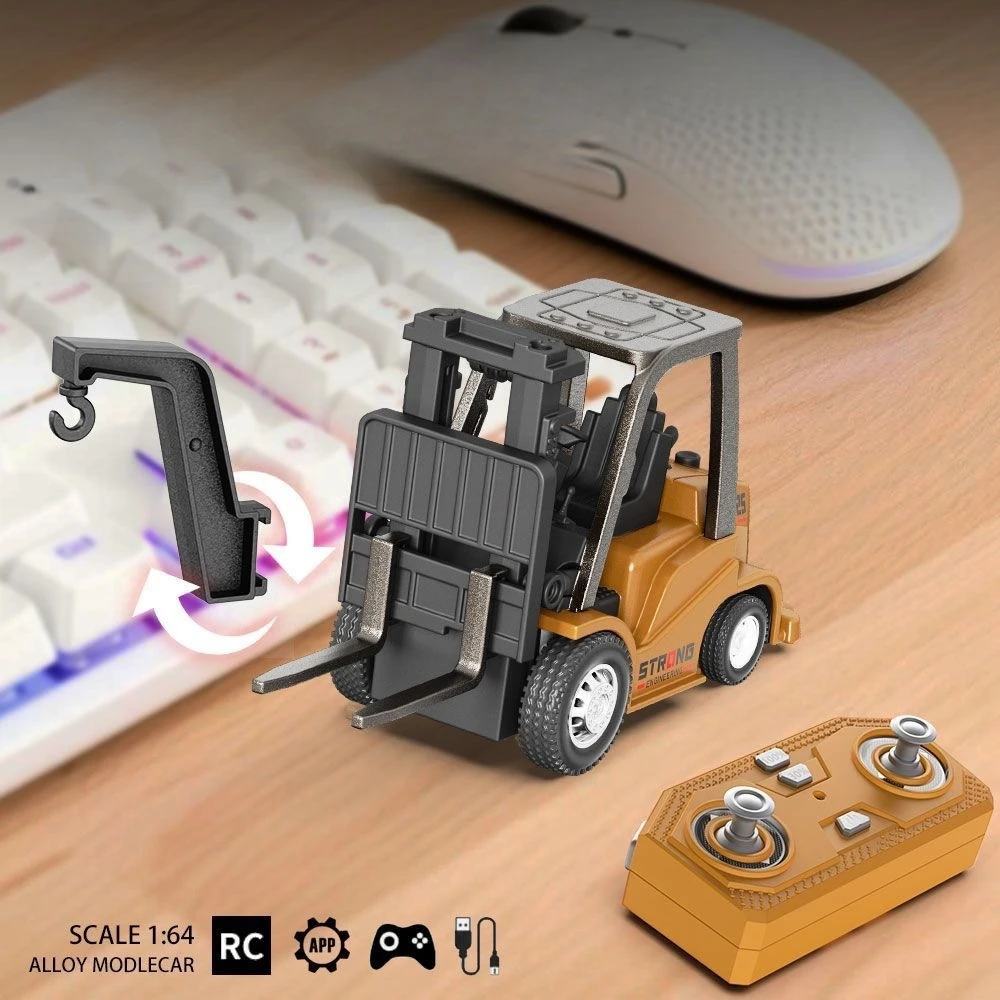 2-in-1 Desktop Mini Alloy Toy 1:64 Bluetooth Remote Control Forklift Car with Trailer Christmas New Year Gift in Color Box thumbnail 2