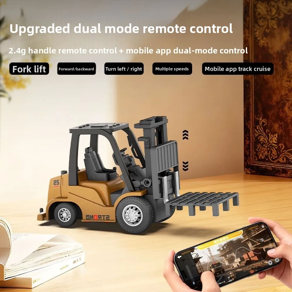 2-in-1 Desktop Mini Alloy Toy 1:64 Bluetooth Remote Control Forklift Car with Trailer Christmas New Year Gift in Color Box