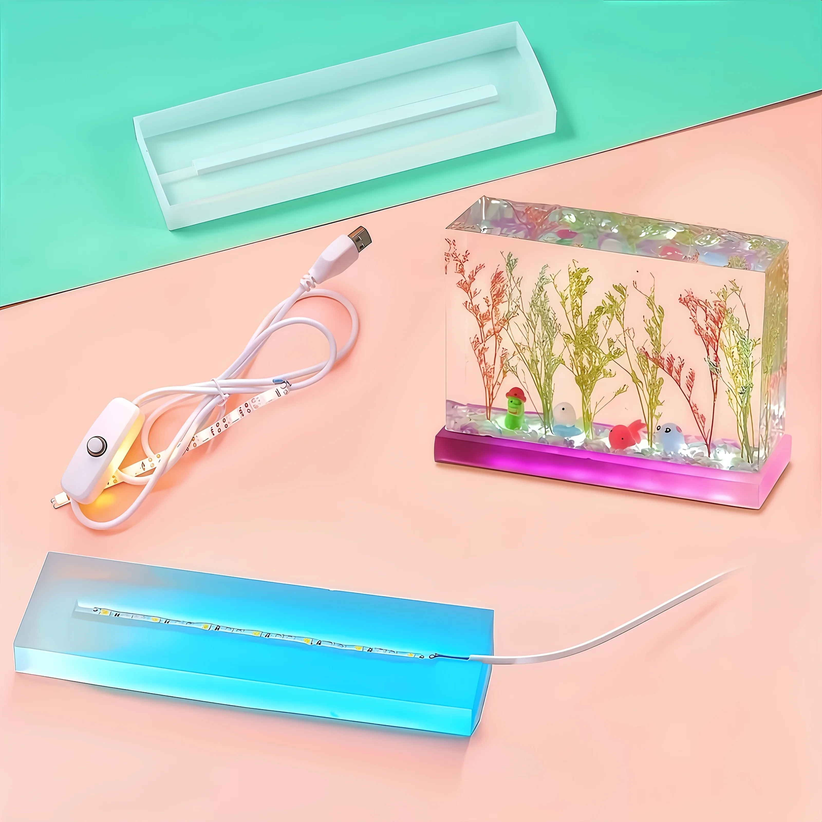 Epoxy Resin Mold Kit for DIY Night Light, Includes Rectangular Mold, Silicone Mold, and Led Light Bar, for Specimen Collection thumbnail 2