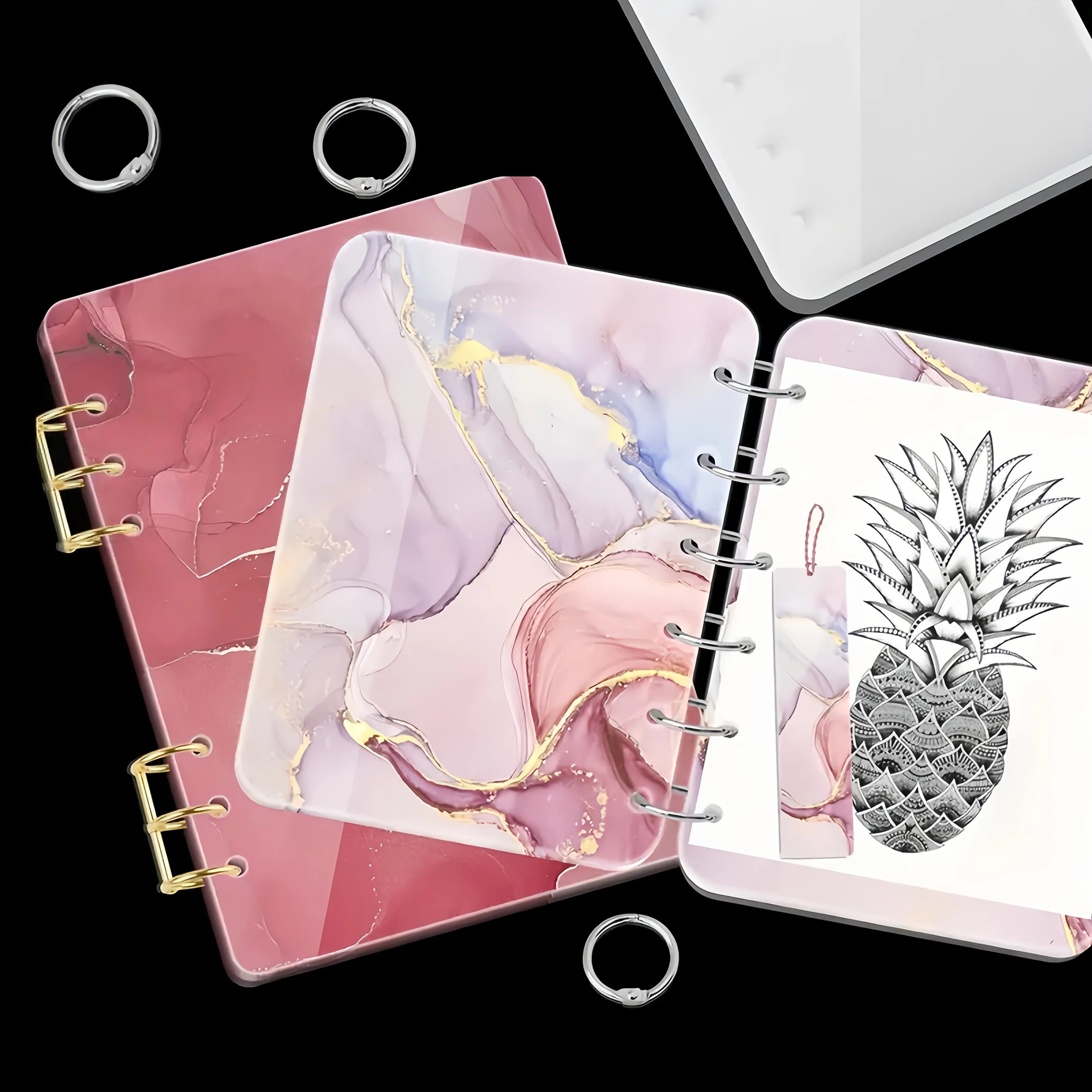 25Pcs Epoxy Resin A4 Large Notebook Cover Silicone Molds A4, A5, A6, A7 Bookmark 25Pcs Loose Leaf Binder Rings Kit DIY Casting t thumbnail 3