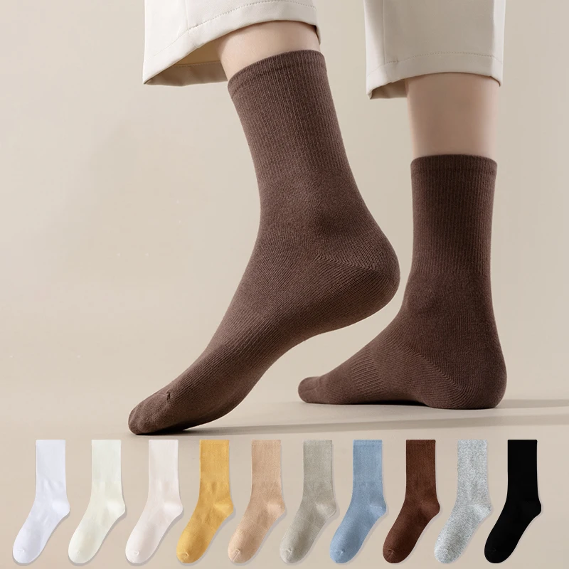 Women's Solid Color Cotton Socks With Elastic Band Mid Tube Comfortable Casual Stockings for Spring Autumn