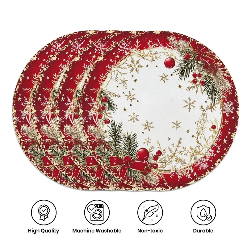 VIKAMA 4-Piece Red & Gold Christmas Placemat Set Heat-Resistant, Washable Table Mats Kitchen Dining Table Home Decor Accessories