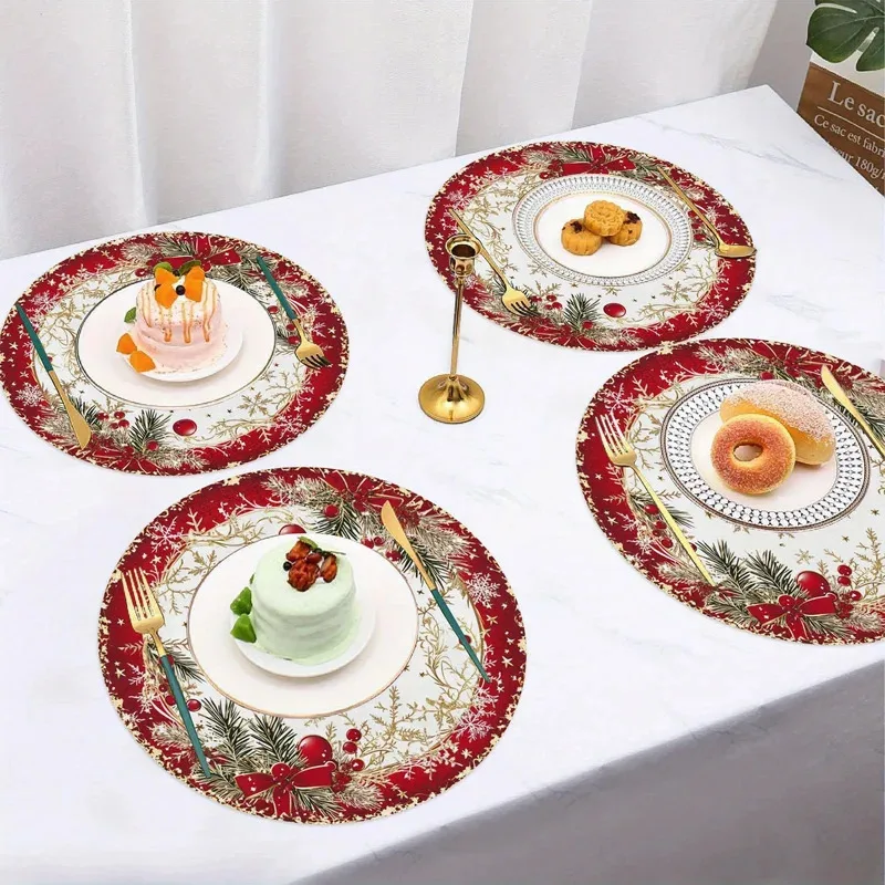 VIKAMA 4-Piece Red & Gold Christmas Placemat Set Heat-Resistant, Washable Table Mats Kitchen Dining Table Home Decor Accessories thumbnail 3