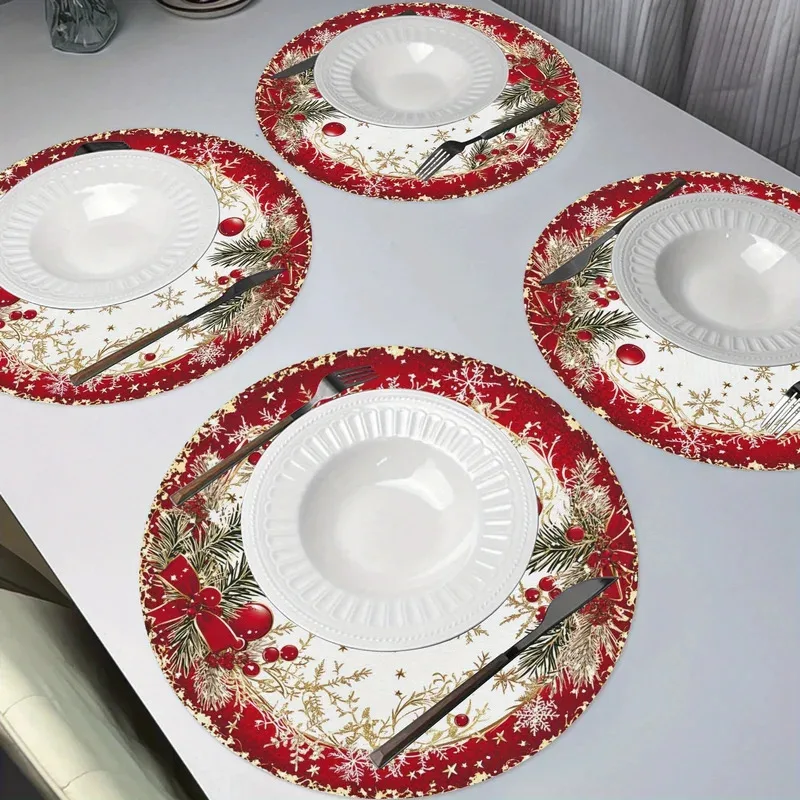VIKAMA 4-Piece Red & Gold Christmas Placemat Set Heat-Resistant, Washable Table Mats Kitchen Dining Table Home Decor Accessories thumbnail 4