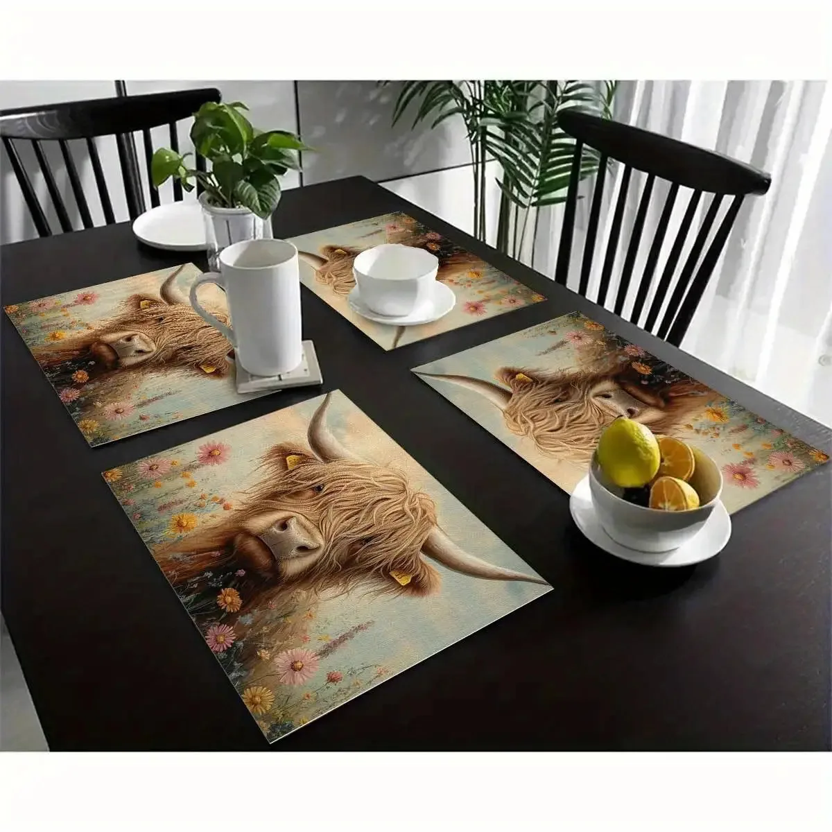 VIKAMA Highland Cattle Landscape Placemat Waterproof and Oil-Resistant Rustic Picnic Mat American Country-Style Tablecloth