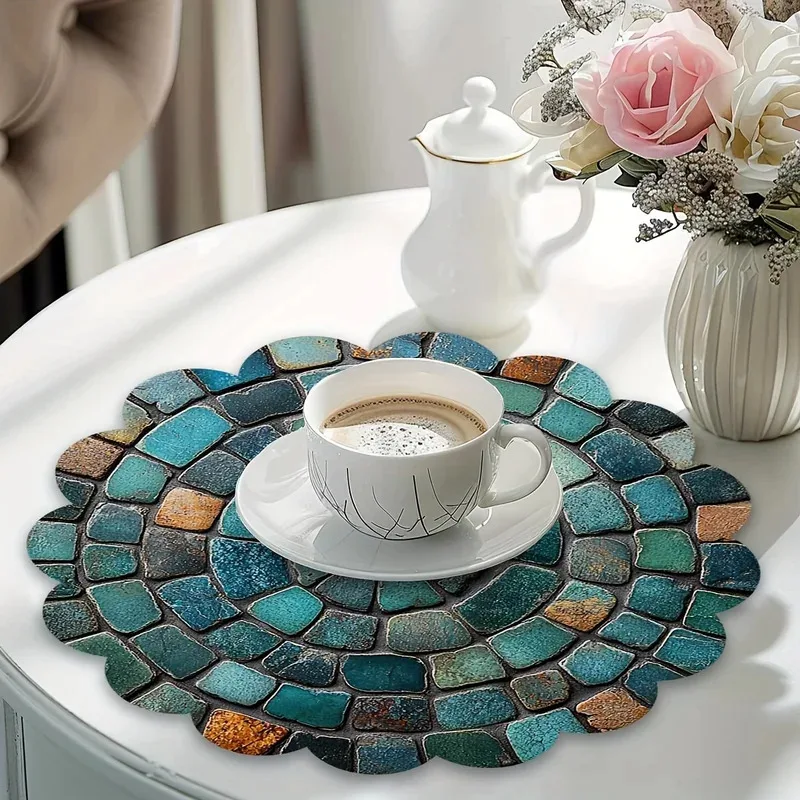 VIKAMA 4-Piece Art Mosaic Table Mat Set Non-Slip Waterproof Wavy-Edge Tablecloth Placemats for Kitchen Dining Home Decor thumbnail 4