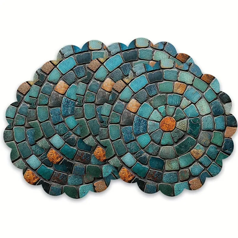 VIKAMA 4-Piece Art Mosaic Table Mat Set Non-Slip Waterproof Wavy-Edge Tablecloth Placemats for Kitchen Dining Home Decor