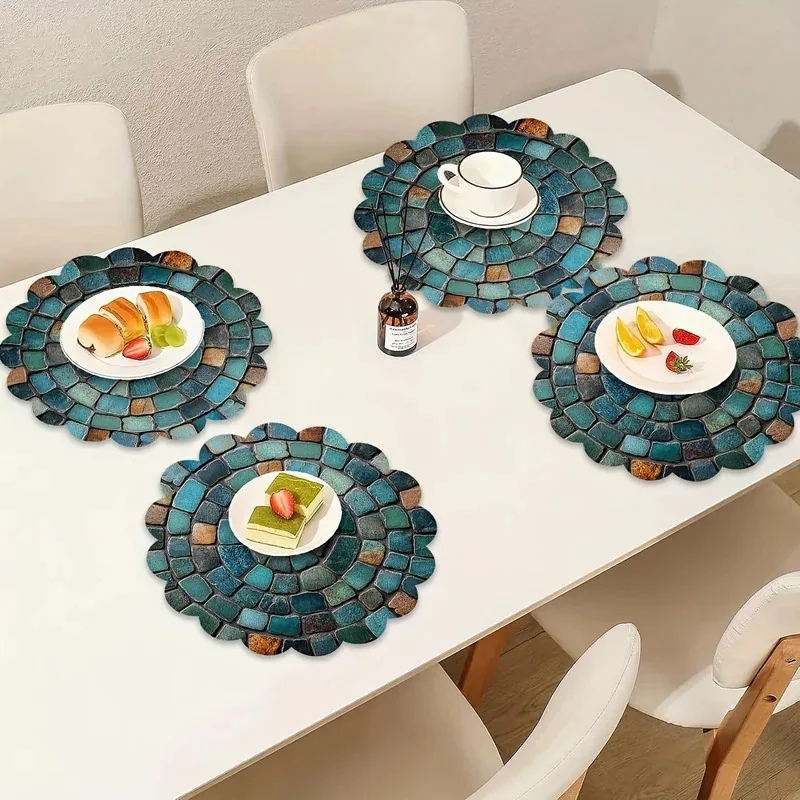 VIKAMA 4-Piece Art Mosaic Table Mat Set Non-Slip Waterproof Wavy-Edge Tablecloth Placemats for Kitchen Dining Home Decor thumbnail 3