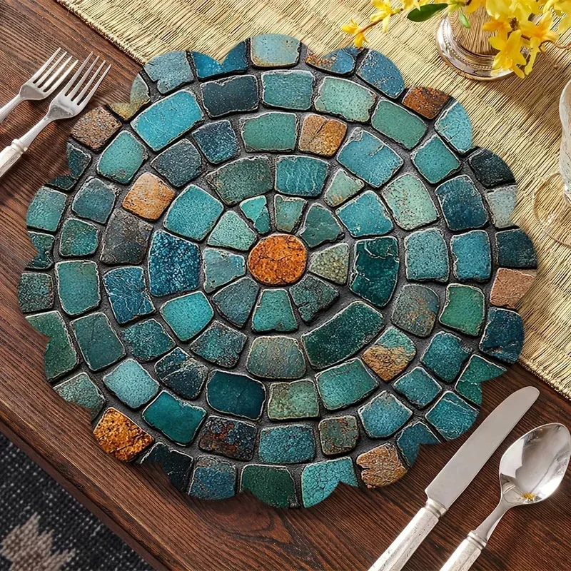 VIKAMA 4-Piece Art Mosaic Table Mat Set Non-Slip Waterproof Wavy-Edge Tablecloth Placemats for Kitchen Dining Home Decor thumbnail 2