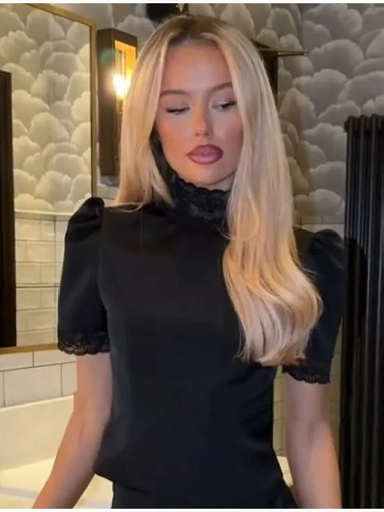 Modern Sophisticated Top Shorts Set Satin Edgy Luxe Feminine Lace Women's Outfit Chic Female Evening Date Wear thumbnail 6