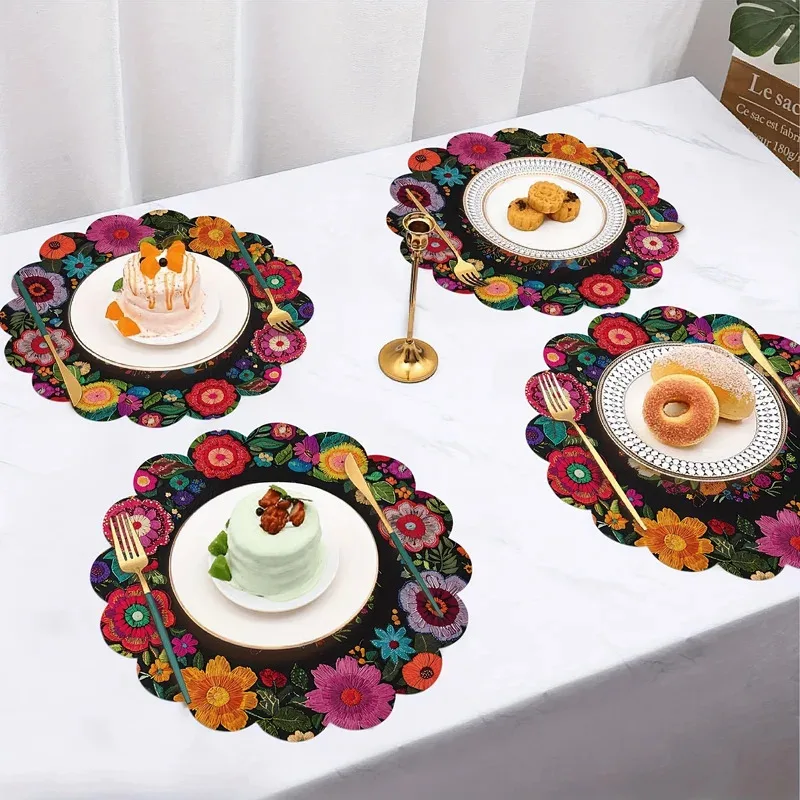 VIKAMA 4 Pcs Round Placemat Set Non-Slip Heat Resistant Washable Durable Table Protection Mats for Kitchen Dining Table