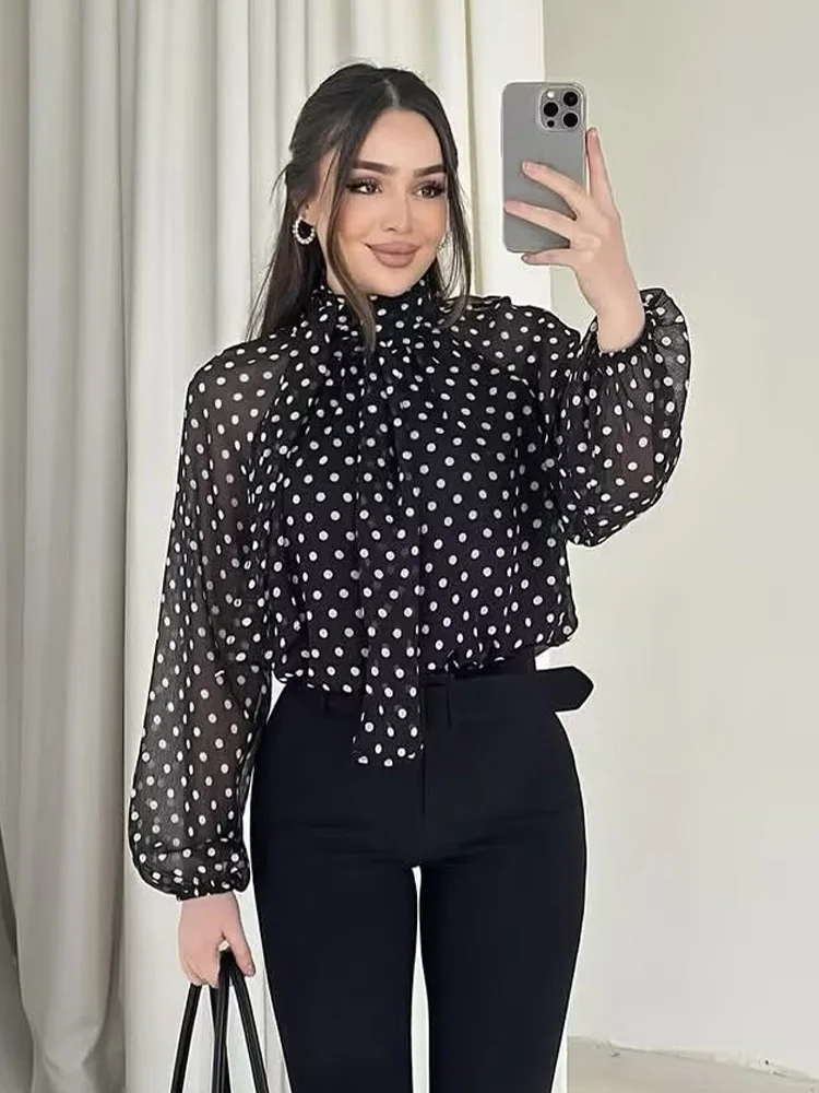 Women Polka Dot Print Blouse Casual High Collar Long Sleeve Lady Top Simple Women's Blouse Female Shirts & Blouses thumbnail 2