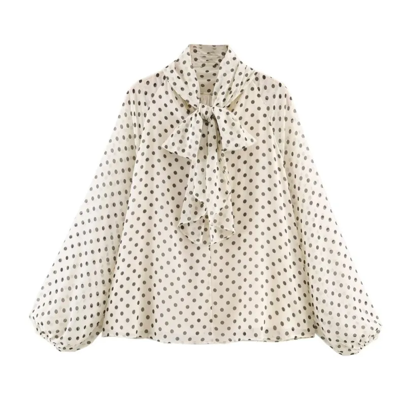 Women Polka Dot Print Blouse Casual High Collar Long Sleeve Lady Top Simple Women's Blouse Female Shirts & Blouses thumbnail 5