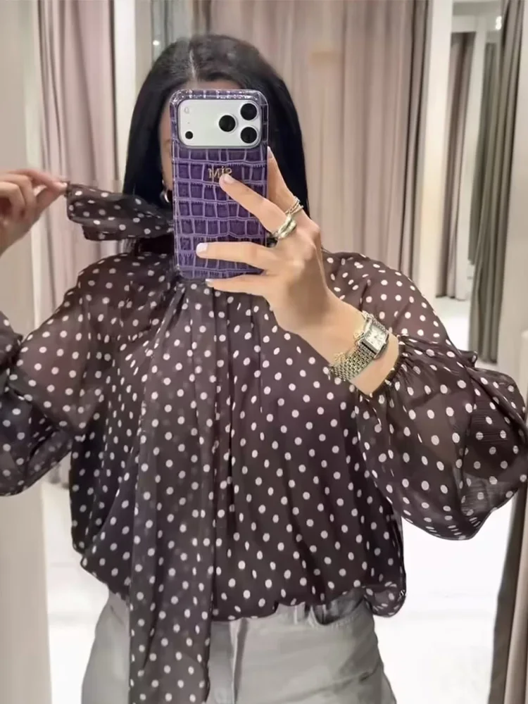 Women Polka Dot Print Blouse Casual High Collar Long Sleeve Lady Top Simple Women's Blouse Female Shirts & Blouses thumbnail 3