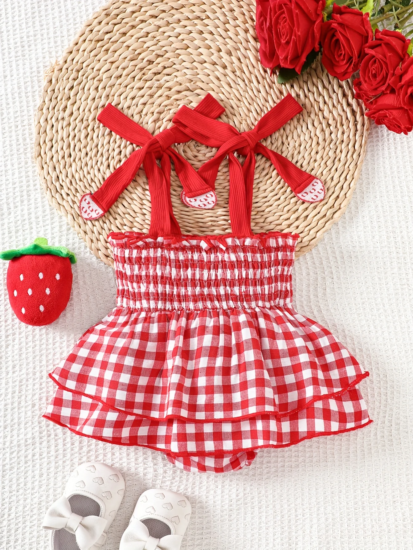 Baby Girl Strawberry Gingham Smocked Tie-Strap Romper Dress – Stretchy Shirred Bodice & Layered Skirt, Cute Summer One-Piece Out thumbnail 2