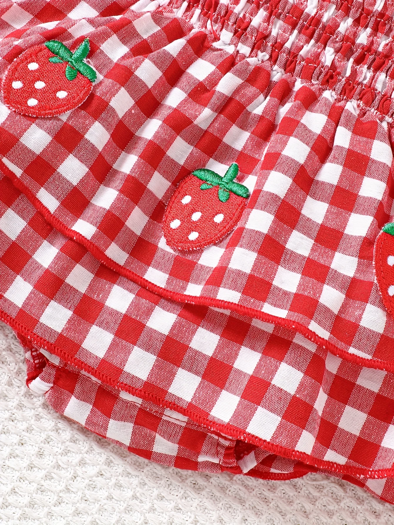 Baby Girl Strawberry Gingham Smocked Tie-Strap Romper Dress – Stretchy Shirred Bodice & Layered Skirt, Cute Summer One-Piece Out thumbnail 4