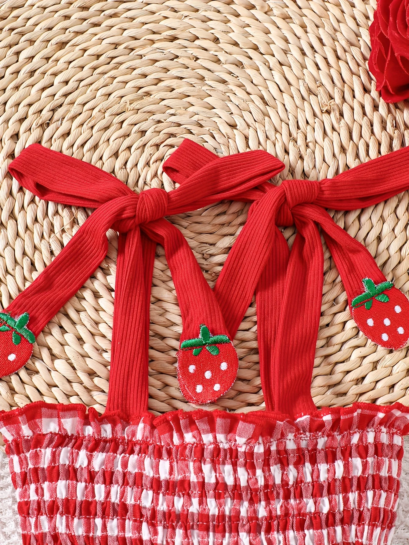 Baby Girl Strawberry Gingham Smocked Tie-Strap Romper Dress – Stretchy Shirred Bodice & Layered Skirt, Cute Summer One-Piece Out thumbnail 3