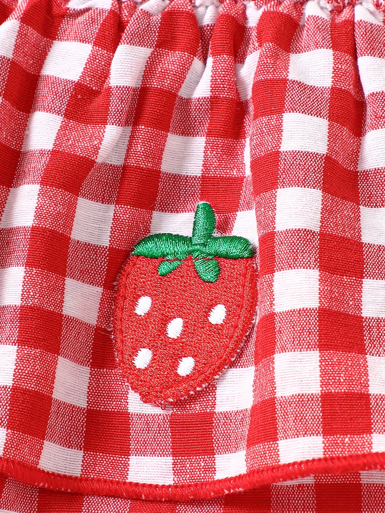 Baby Girl Strawberry Gingham Smocked Tie-Strap Romper Dress – Stretchy Shirred Bodice & Layered Skirt, Cute Summer One-Piece Out thumbnail 5