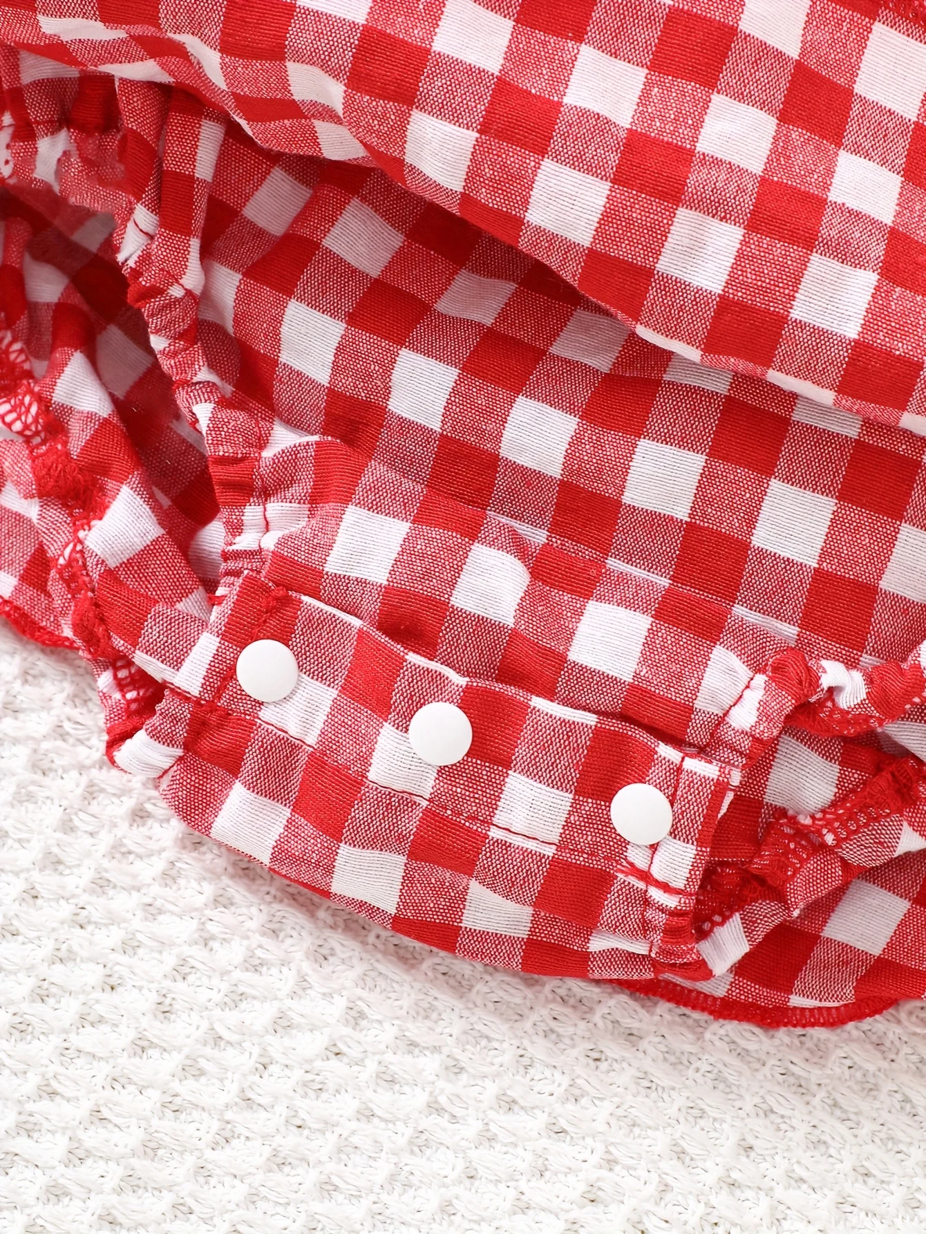 Baby Girl Strawberry Gingham Smocked Tie-Strap Romper Dress – Stretchy Shirred Bodice & Layered Skirt, Cute Summer One-Piece Out thumbnail 6