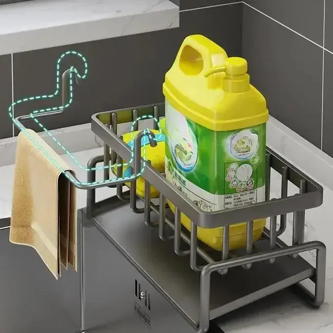 Kitchen Space Aluminum Sink Drain Rack Sponge Storage Faucet Holder Soap Drainer Shelf Basket Organizer Bathroom Accessories thumbnail 2